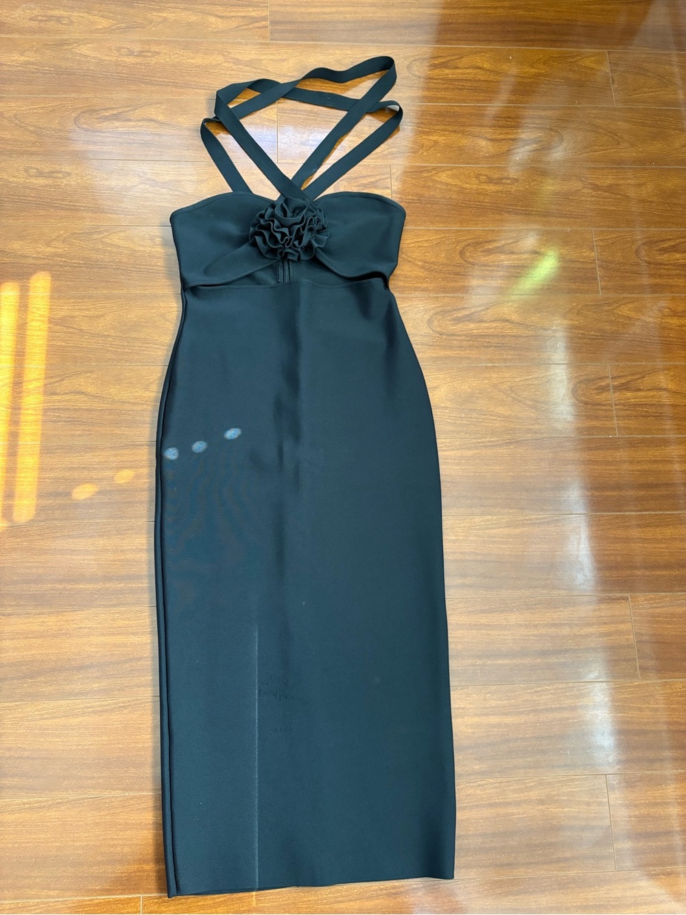 Black Strappy Midi Dress with Floral Accent